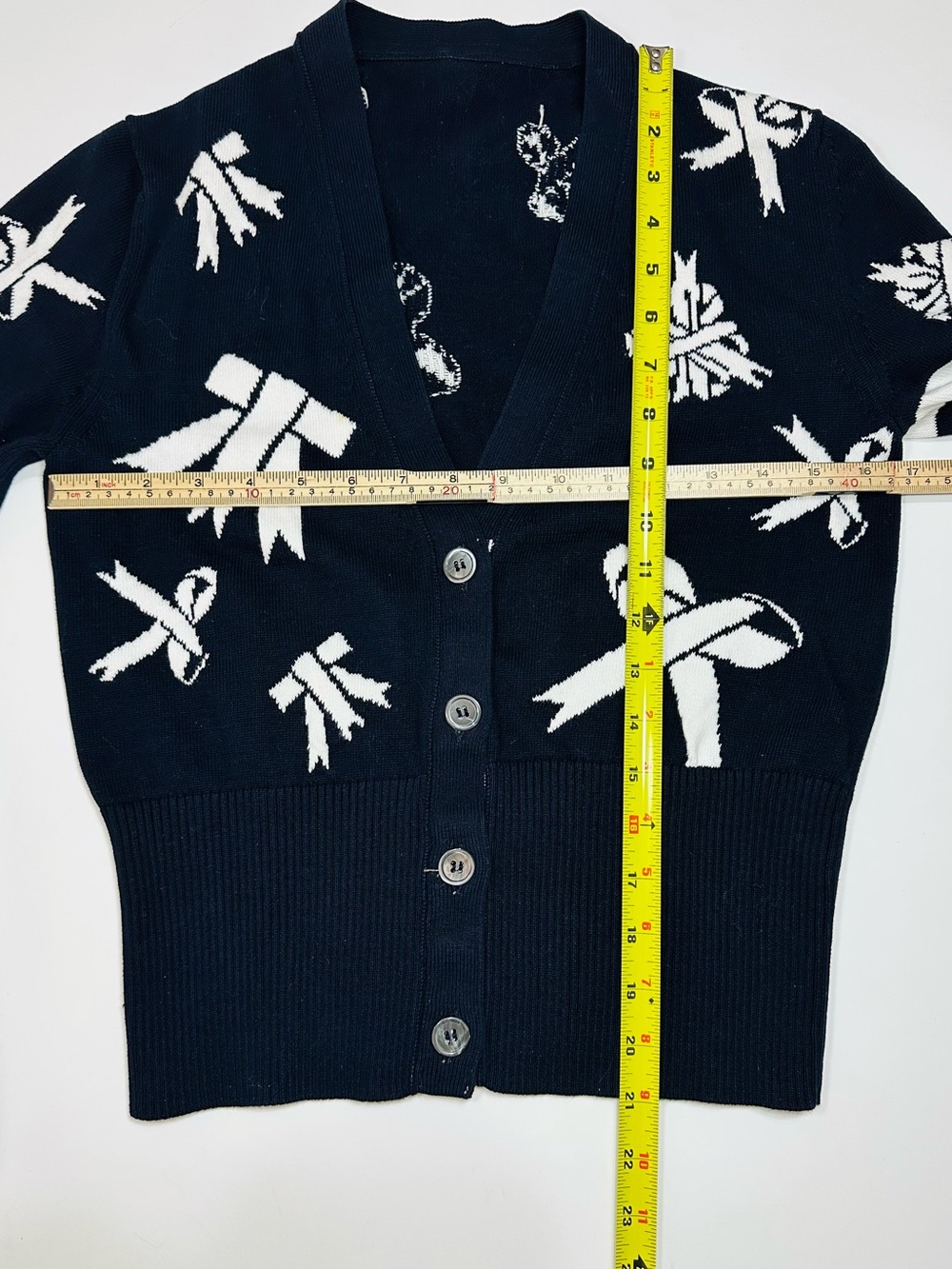 NAVY WHITE RIBBON PRINT BUTTON CARDIGAN SWEATER COTTON PREPPY COQUETTE 42 / 2 S - Picture 4 of 14
